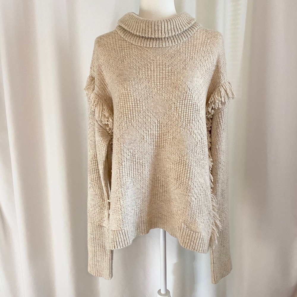 Woolrich Cream Fringe Turtleneck Sweater
